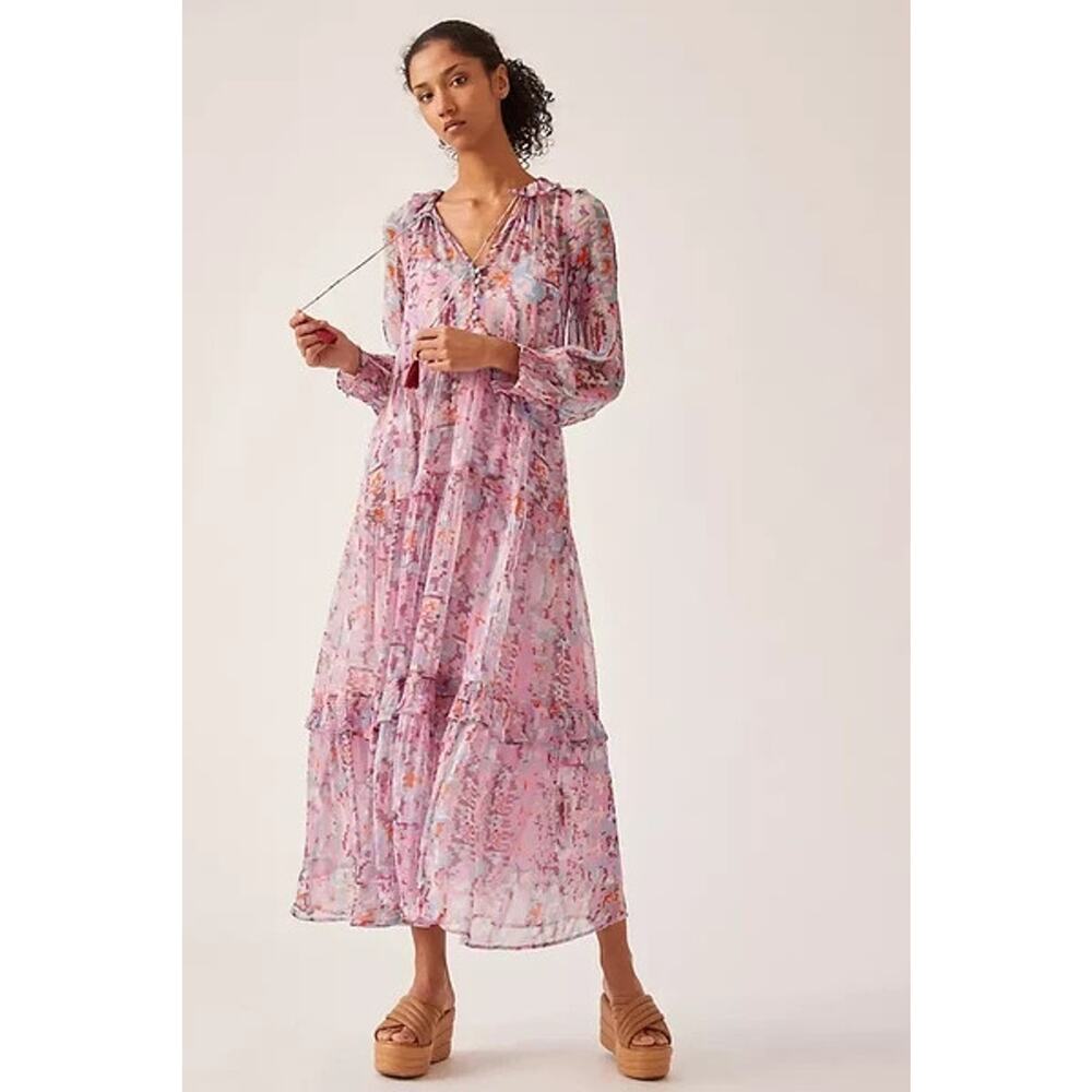Anthropologie The Marais Printed Chiffon Maxi Dress In Pink Medium
